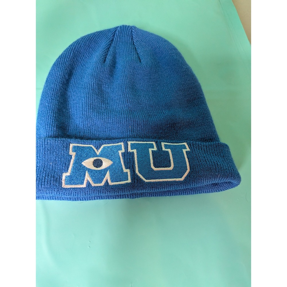 Disney Pixar Monsters University MU Embroidered Blue Cuffed Knit Beanie Hat